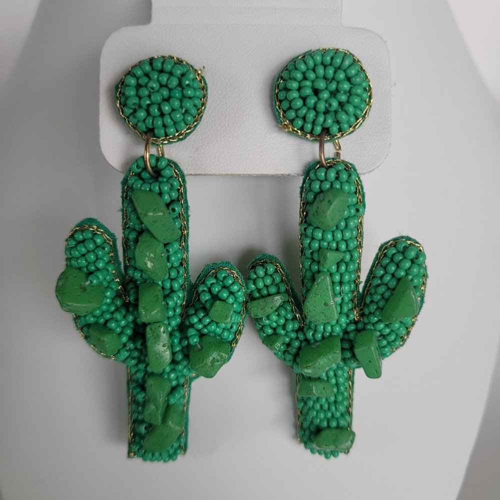 Fashion Cactus Beaded Handmade Boho Seed Bead Hoop Dangle Drop Earrings Green - Picture 2 of 5